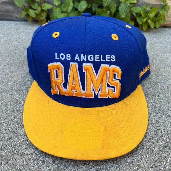 MITCHELL & NESS Los Angeles RAMS Fitted Hat 8 Men's Embroidered Cap Blue - Picture 1 of 7